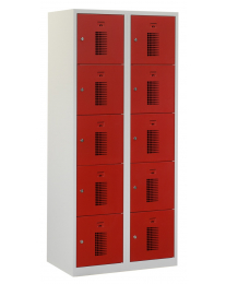 Premium locker, 10 deurs, 80cm breed, grijs, geperforeerd, rood